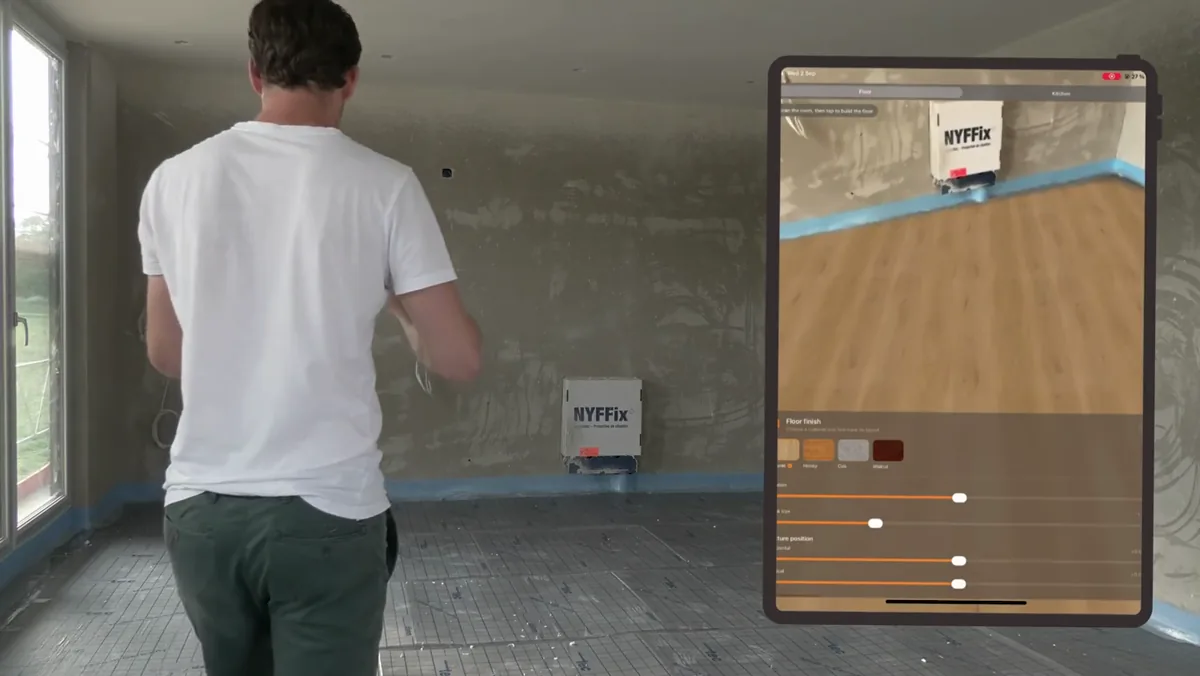 Spacera zeigt einen Holzbodenbelag mit Augmented Reality